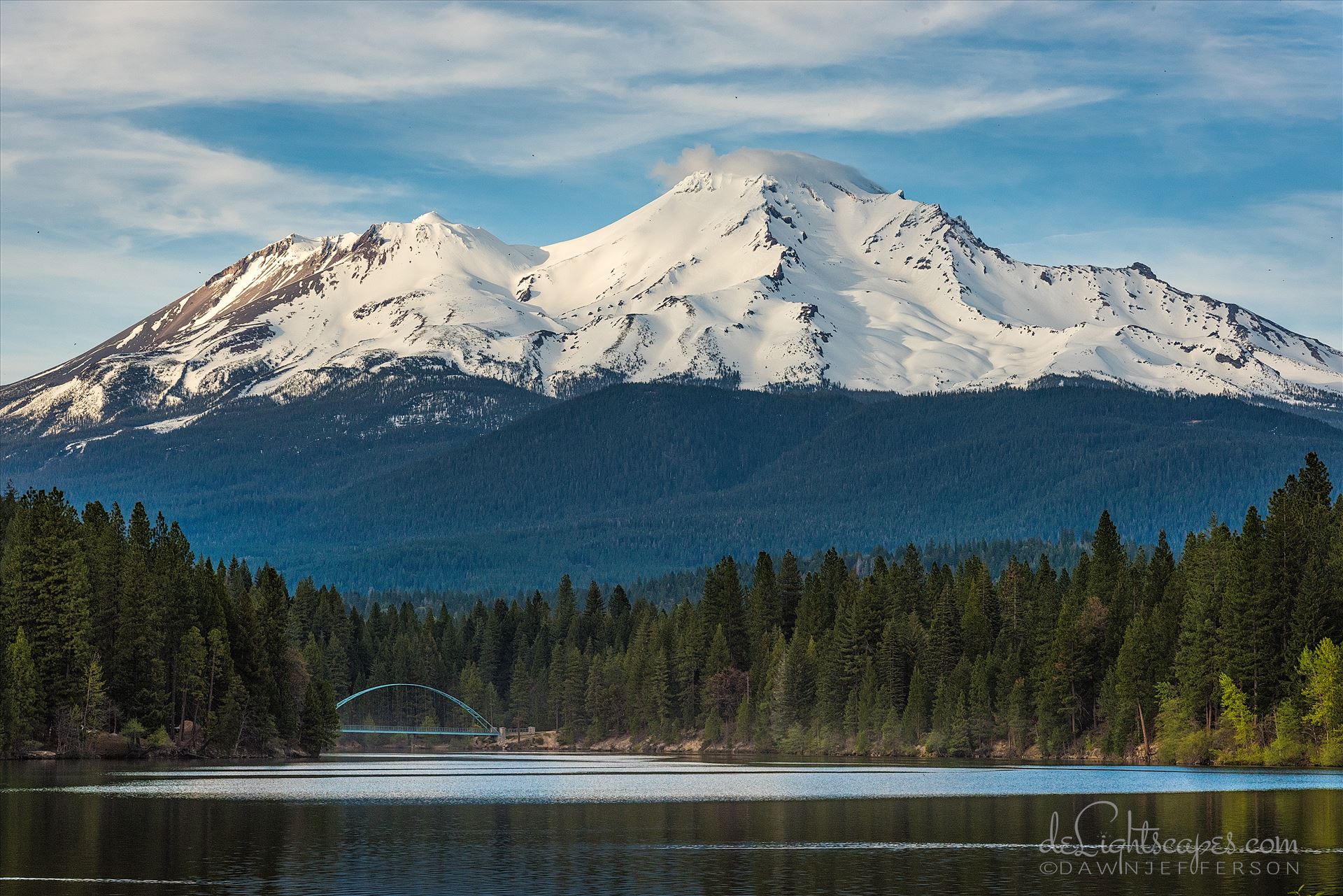 Mt Shasta from the Lake. - Mt Shasta view and pedestrian footbridge from the lake by Dawn Jefferson