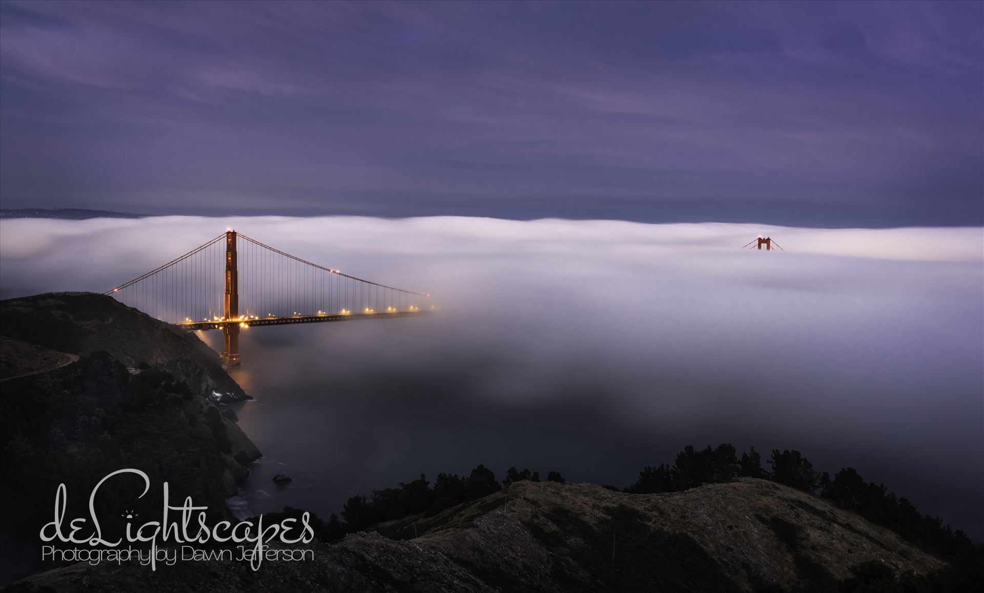 Twilight Fog - Low fog engulfs the Golden Gate Bridge. by Dawn Jefferson